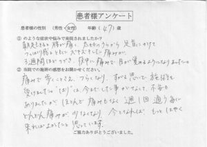 週１回通う事にどんどん痛みが少なくなり、今となれば、もっとはやく来ればよかったと思っています。